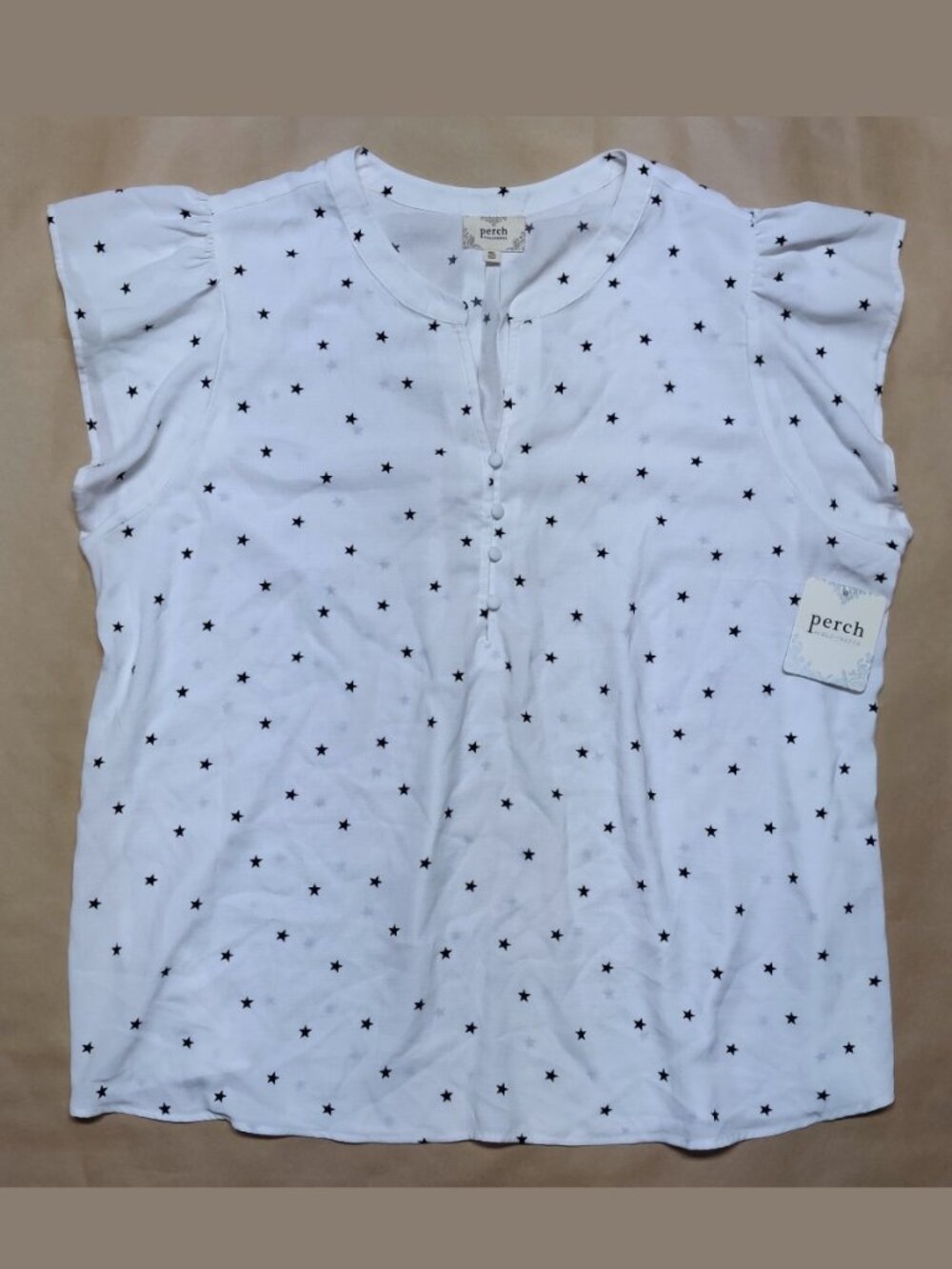 NWT Perch by Blu Pepper White Blouse w/Blue Stars, Flutter Sleeves - Women's 3XL